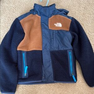 The North Face Blue and Brown Puffer Jacket with Stand-Up Collar